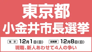 小金井市長選挙は12月8日投開票、現新4人の争い 新人 森戸洋子氏 VS 新人 河野律子氏 VS 現職 西岡真一郎氏 VS 新人 立花孝志氏 東京都  