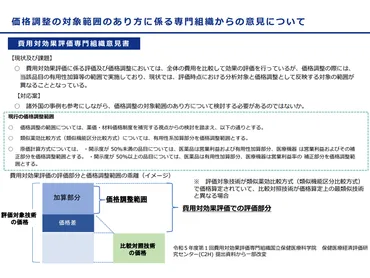 費用対効果評価に基づく価格調整をより広範囲にすべきか、介護費用削減効果を医薬品・医療機器の価格に反映させるべきか―中医協 