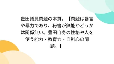 豊田議員問題の本質。【問題は暴言や暴力であり、秘書が無能かどうかは関係無い。豊田自身の性格や人を使う能力・教育力・自制心の問題。】 